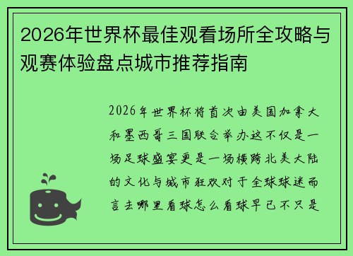 2026年世界杯最佳观看场所全攻略与观赛体验盘点城市推荐指南