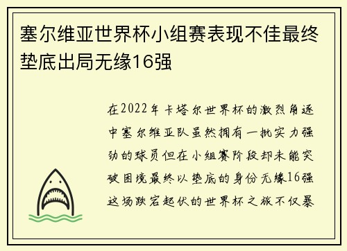 塞尔维亚世界杯小组赛表现不佳最终垫底出局无缘16强